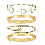Womens Stackable Floral Gold Bracelets - 4Pcs 18K Gold Plated Bracelet,Stainless Steel Bangle Bracelets Non Tarnish,Gold Bracelet Set Fashion Jewelry,Valentines Birthday Christmas Jewelry Gifts