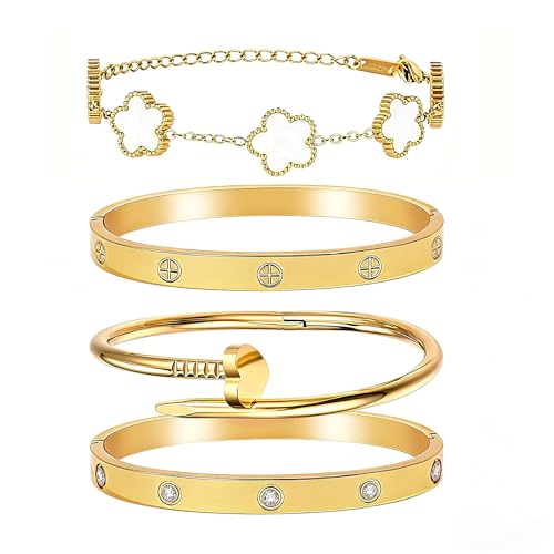 Womens Stackable Floral Gold Bracelets - 4Pcs 18K Gold Plated Bracelet,Stainless Steel Bangle Bracelets Non Tarnish,Gold Bracelet Set Fashion Jewelry,Valentines Birthday Christmas Jewelry Gifts