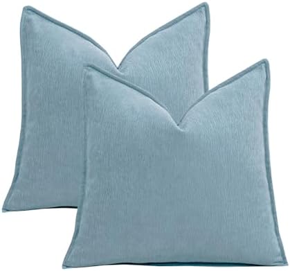 Pack of 2 Blue Pillow Cover 18x18 Inch Soft Chenille Euro Pillow Case Luxurious Couch Accent Solid Cushion Covers with Elegant Design for Sofa Bedroom Living Room Home Decor