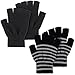 WLLHYF Unisex Half Finger Gloves 2 Pairs Winter Stretchy Knit Half-Finger Touch Screen Mittens Fingerless Gloves Men Women (Black + Black and Gray Stripes)