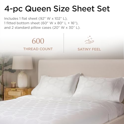 Image of Threadmill 100% Cotton Sheets for Queen Size Bed - 600 Thread Count Queen Bed Sheets Set with 16 inch Deep Pocket - Jacquard Sateen Weave 4-Piece Bedding Set with Cooling Effect, White