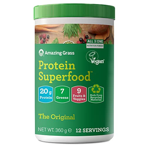 Amazing Grass Protein Superfood, Poudre Alimentaire de Protéines Bio et Végane aux Fruits et Légumes, Saveur Originale, 12 Portions, 360 g Cover
