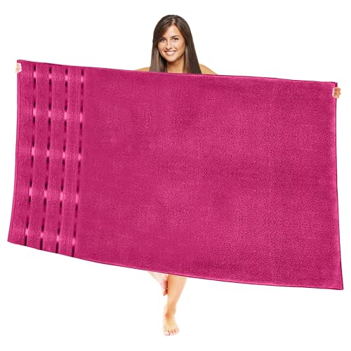 Image of Elegant Comfort 100% Turkish Cotton 4 Lines Viscose Stripe Jumbo Bath Towel - Hotel Spa Quality Extra Large 35 x 70 Inch Bath Towel Ultra Soft, Super Absorbent Quick Dry Large Bath Towel, Hot Pink