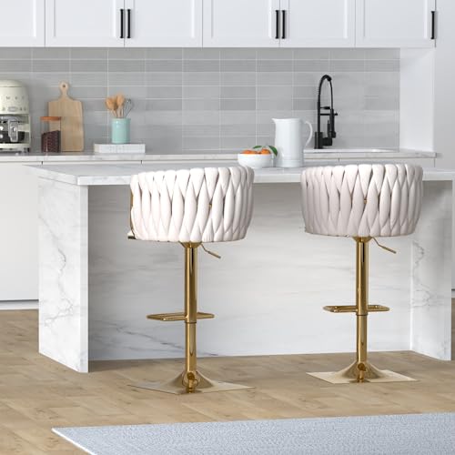 Butacos Giratorios de Tela de Terciopelo, Set de 2 Unidades, Altura Ajustable (25.6–32.68 pulgadas), con Reposapiés y Soporte para Espalda, Color Marfil, para Isla de Cocina o Bar miniatura 2