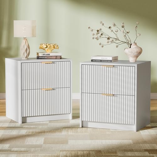Image of Furniway Nightstands Set of 2, Fluted Nightstand with Gold Metal Handles and 2 Drawers, Modern Bedside Table, 19.6 inch Wide Wood End Table for Bedroom, White