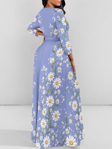 Image of Women Plus Size Long Sleeve V Neck Maxi Dress with Belt | Soft fabric relaxed fit three quarter sleeve v neck with pockets for party and daily wear