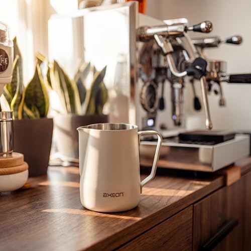 Image of Axeon Stainless Steel Milk Frothing Pitcher | Espresso Milk Frother Jug with Internal Scale & Matte Coating | V-Spout for Latte Art | Barista Steam Jug for Cappuccino & Coffee (White, 600ml /20oz)