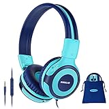 SIMOLIO Foldable Headphones for Kids with Mic, 75dB-85dB-94dB Kid Headphone with Share Port, Stereo Wired Headphones Hearing Protection for Youth Boys,Girls, Portable Pouch for School/Travel (Mint)