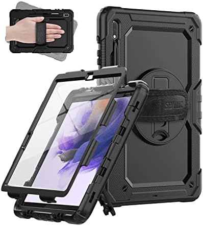 SEYMAC Samsung Galaxy Tab S8 Plus/Tab S7 FE/ S7 Plus Case 12.4'', Heavy Duty Full-Body Shockproof Protective Case with Screen Protector, Rotating Stand, Hand/Shoulder Strap and Pencil Holder, Black