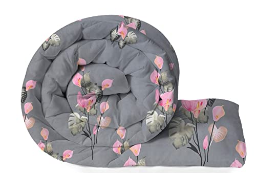 Image of HOMEKART 220 GSM Premium Reversible Microfiber AC Comforter for Single Bed | Soft, Lightweight & Breathable All-Season 3-Layer Quilted Blanket (150 cm x 225 cm, Floral, Grey and Pink)