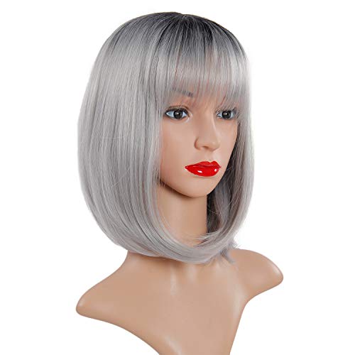 Bob Wigs With Bangs,Short Straight BOb Wig 12Inch Grey Wig for Women Natural Fashion Synthetic Wig, Cute Colored Shoulder Length Wigs for Daily Party Cosplay Halloween(12",Grey)