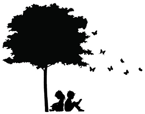 Newclew Brother Sister Boy Girl Sitting Under Tree Studying Book with Butterfly Happy Vinyl Wall Decal Sticker Decor (22''W x 17'''H)