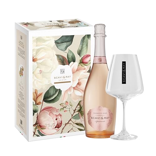SCAVI & RAY Geschenkset Prosecco DOC Rosé Spumante mit Designglas, fruchtig-frischer Schaumwein aus Italien, 11% Vol. Alkohol – Genussmoment in stilvoller Geschenkbox