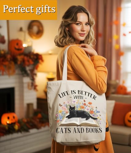 Image of Cat Gifts Tote Bag for Women Girls, Cat Lover Gifts Tote Bag for Daughter Besties, Medium Size with Inner Pocket