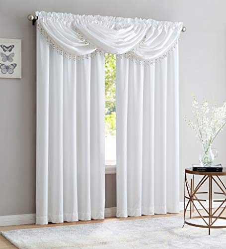 Bridget 5 Piece Crushed Satin Curtain Set with Beaded Austrian Valances, 84" Long (White)