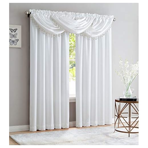 Bridget 5 Piece Crushed Satin Curtain Set with Beaded Austrian Valances, 84" Long (White)