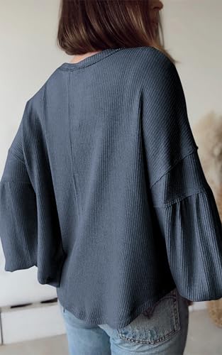 BTFBM Womens Fall Fashion 2026 Long Sleeve Shirts Casual V Neck Ribbed Knit Blouses Pullover Trendy Loose Fit Tunic Tops(Solid Light Grey Blue, Small) — view 3