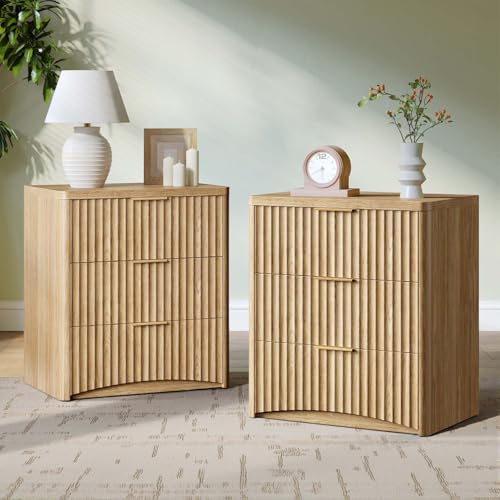 Image of Evermagin Fluted Nightstand Set of 2, Natural Oak Bedside Table with 3 Drawers, Wood End Table with Storage Mid Century Modern, Large Night Stand for Bedroom