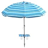 7ft Beach Umbrella featuring a built-in table with Sand Anchor & Tilt, UPF 50+ Protection Beach Umbrellas for Sand, Umbrellas for Heavy Duty Wind Portable with Carry Bag, Light Blue Stripes