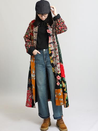 LZJN Women's Trench Coat Floral Print Long Cotton Linen Jacke Cottagecore Clothing Patchwork Outwear Bohemian unique3