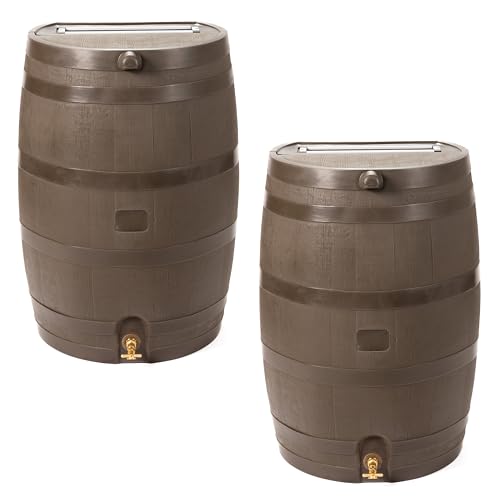 Image of RTS Home Accents 50-Gallon Rain Barrel with Link Kit, Flat Back Rain Water Collection Barrel, Link Kit Included, Walnut Color (2 Pack)