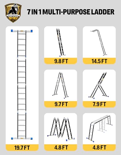 Bryner Step Folding Ladder 19.6ft Multi-Purpose Aluminium Extension Ladders, 7 in 1 Folding Adjustable Telescoping Step Ladder 330lbs