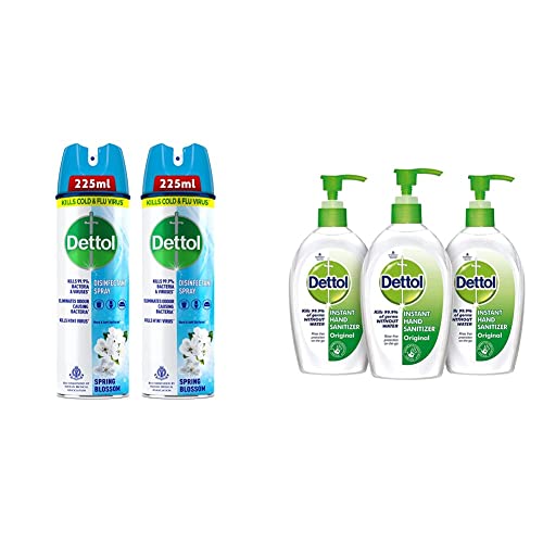 Image of Dettol Disinfectant Sanitizer Spray for Germ Protection on Hard & Soft Surfaces, Spring Blossom, 225ml, Pack of 2 & Dettol Original Germ Protection Alcohol based Hand Sanitizer Pump, 200ml (Pack of 3)