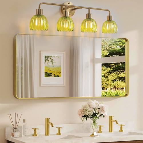 Image of 4-Light Gold Brass Bathroom Light Fixture,Wall Sconces,Brushed Gold Vanlity Light Over Mirror,Bathroom Vanity Light with Green Glass Flower Shade,E26 Socket(Bulbs Not Included)