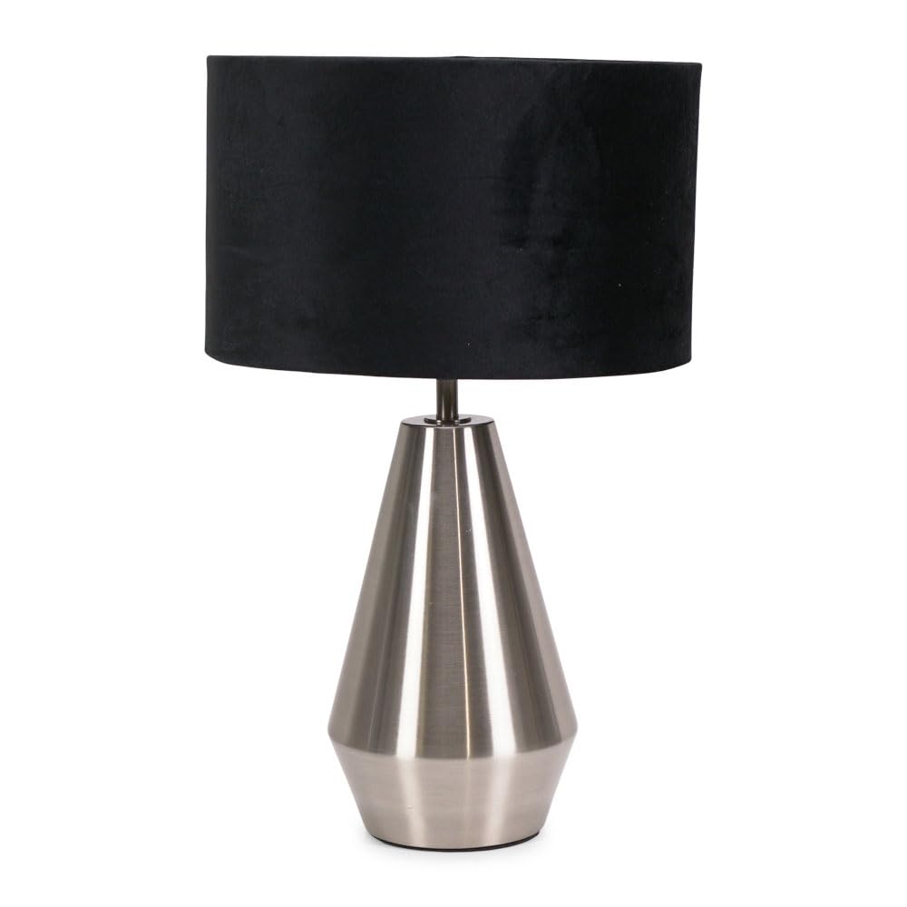 Valuelights Unisex Black Jax Brushed Chrome Dimmable Touch Table Lamp With Velvet Drum Shade & Led Bulb In