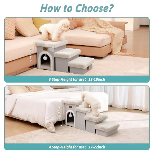 COZY KISS Haustiertreppe für Kleine Hunde mit Stauraum Und Wohnung, Hundetreppe Faltbare für Sofa Couch, Hunde Treppe mit Rutschfestem Boden, Lecksichere, Bis Zu 80kg, 33x69x36cm, 3 Stufen, Beige