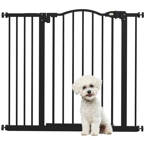 PawHut Barrera de Seguridad para Perros Extensible 74-94 cm, para Puertas y Escaleras, Barrera para Perros con Extensión 14 cm, Montaje a Presión y Doble Bloqueo, Negro