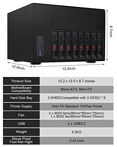 Image of K7 8 Bay NAS Case, Computer Enclosures Compatible Micro-ATX Mini-ITX Motherboard, 3 x Fans, 8 x 2.5 /3.5 inch Tray, Network Attached Storage Server for Home(Diskless)