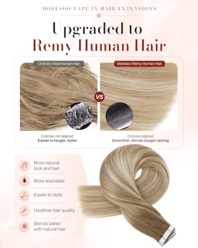Image of Moresoo Tape Ins Human Hair Extensions Ash Brown Blonde 16in 40Pcs 100g | Blonde tape in extensions, added density, fine blonde ribbons, straight strands for brushed-out waves and event styling