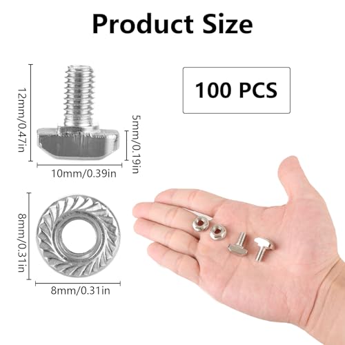 AKOLAFE 100 Stück Hammerkopfschrauben M6 x 12 Edelstahl Hammerkopfschrauben mit Flanschmuttern Set für Schrauben Zubehör Ankerschienenschrauben Gewächshaus