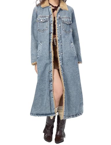 chouyatou Women's Winter Sherpa Lined Midi Long Denim Jacket Casual Distressed Button Down Jean Trench Coat