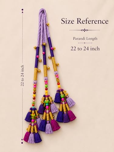 Image of Zippy Flora Handmade Kalee Boho Cotton Parandi | Traditional Hair Accessory with Tassles & Ghoonghru | Hair Extension|Choti |Women's Patiala Shahi Paranda | Kalee Parandi (Purple) | 22 Inches Length