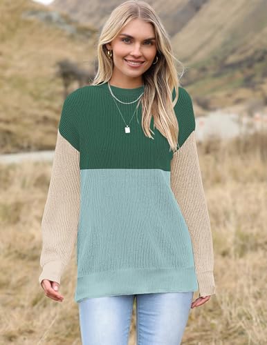 Image of Zeagoo Women 2026 Fall Lightweight Oversized Sweater Crew Neck Long Sleeve Color Block Pullover Rib Knit Blouse Tops XS-2XL