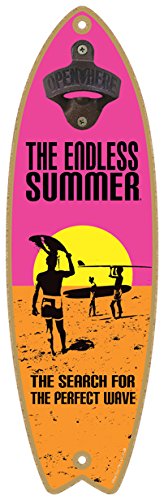 SJT ENTERPRISES, INC. The Endless Summer - The Search for The Perfect Wave (Pink, Orange, Yellow Sunset) Bottle Opener 5" x 16" Surfboard Plaque (SJT07226)