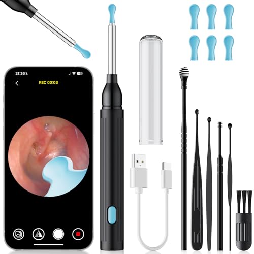 Ear Wax Removal, Ear Wax Removal Tool with 8 Kits & 5 Ear Spoon, Ear Cleaner with 2400P Camera with 6 LED Lights, Ear Wax Removal Kit for iOS & Android (Black)