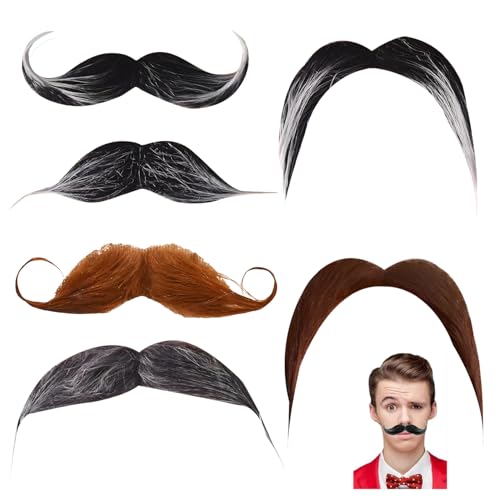 5 Pièces Moustaches à Coller, Fausses Moustaches Adhésives Fausses Barbes Artificielles Faux Poils du Visage Barbe Réaliste Style Rétro Années 80 Adapté...