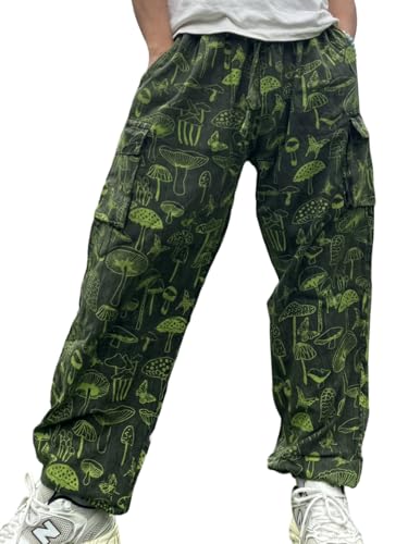 hamrohemp Stonewashed Cotton Mushroom Print Unisex Trousers, One Size Festival Casual Eco Friendly Pants (Green)