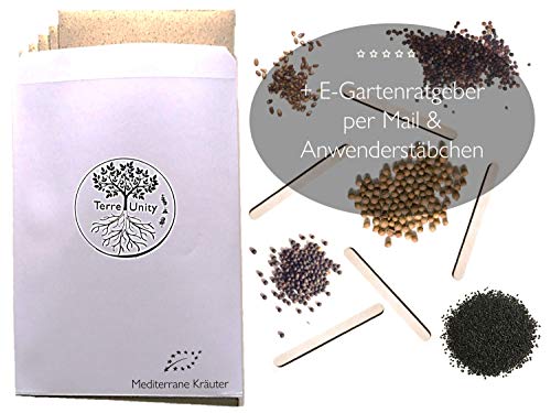 Bio Kräutersamen | Kräuter Saatgut 5er Set | Mediterrane Kräuter | Saat für Kräuteranbau in Garten, Küche & Hochbeet | Samen inkl. E-Gartenratgeber, Kulturanleitung & Anwenderstäbchen