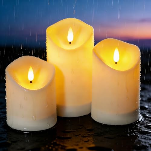 Image of Nimiko Solar Outdoor Waterproof Flameless Candles - 3 Pack Solar & Battery Operated LED Candles, White (D3.25 inch x 4 inch /5 inch /6 inch Assorted Heights) for Garden, Patio, Outdoor Decoration