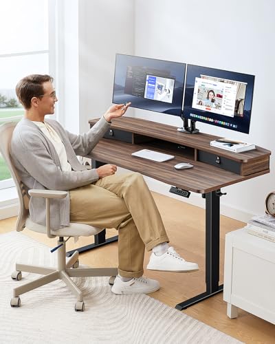 Image of HUANUO 60″ x 30″ Electric Standing Desk with 2 Drawers, C-Clamp Mount Compatible, Height Adjustable Computer Desk, Home Office Stand Up Desk with 4 Preset Heights & 2 Hooks, Walnut