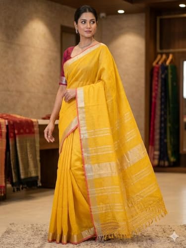 Image of STB-SILK TEXTILES BHAGALPUR Women's Linen Slub Saree With Contrast Blouse Piece