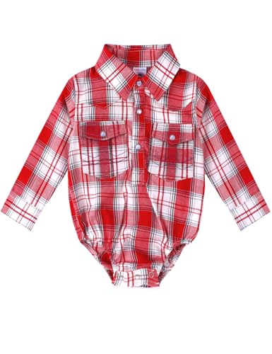 Image of COSLAND Baby Boys' Western Cotton Plaid Bodysuit, Infant Cowboy Jumpsuit, 0-18 Months