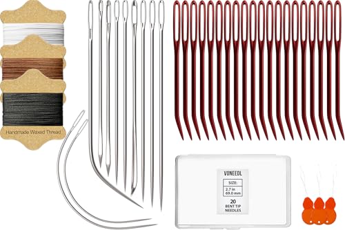 Hilo de coser encerado (3 colores), agujas para costura pesada (11 piezas) y agujas romas curvas (20 piezas) — agujas duraderas para coser a mano, adecuadas para cuero, lona, manualidades y más