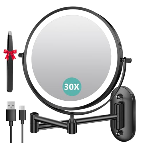 Auxmir Espejo Maquillaje con Luz Pared Aumento 1X/30X Recargable 3200mAh Doble Cara Giratorio 360, Espejo Baño Brazo Extensible Táctil USB, 3 Colores Brillo Regulable, Negro