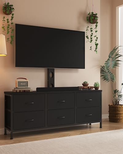 DrawXynth TV Stand with Mount, Fabric Dresser with 6 Drawers for 32/45/55/60/65/75 inch TVs, Black Dresser Entertainment Center, Modern Media TV Console Table