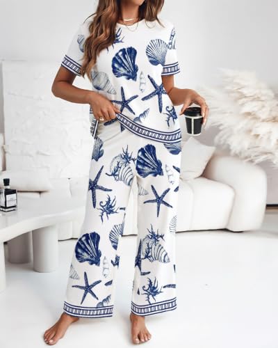 Image of CHICME Womens Pajamas Sets 2 Piece Short Sleeve Lounge Set Printed Loose Pants Pj Sets Loungewear Set